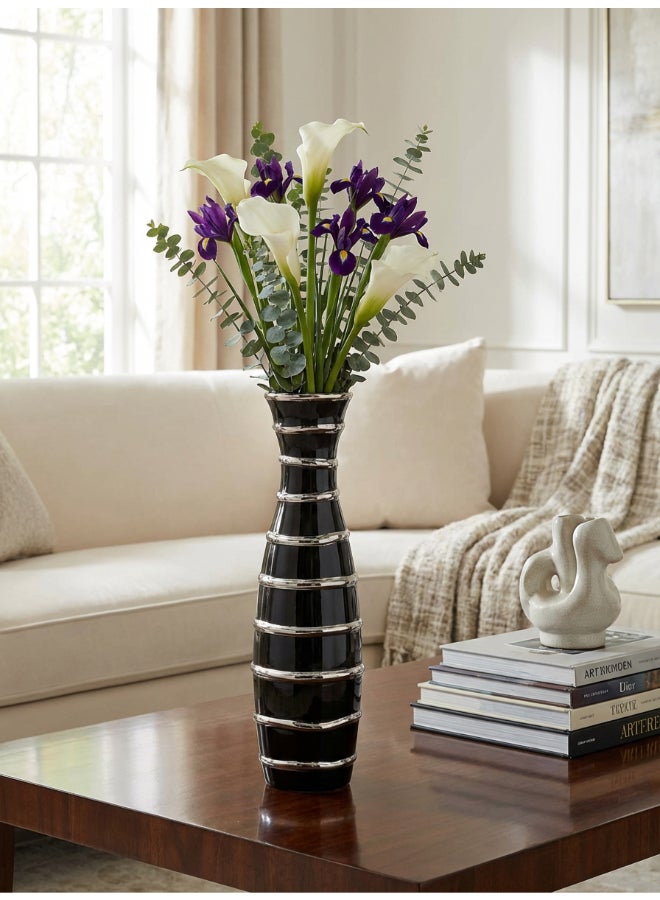 ايست من نون Ceramic Vase for Floral Decorative arrangement, Ht-40 cm | Black Silver Color | Ribbed Rays Design | Size -9.5x9.5x40.2 cm | Perfect for decorativing your living room, Ideal for decorating coffee table, dinning table, console table or any office or living space - Image 4